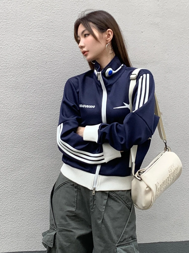 

2023 New Jacket for Women Contrast Stand Collar Double Zip Up Fashion Crop Tops Loose Coat Short Casual Jackets Baseball Clothes