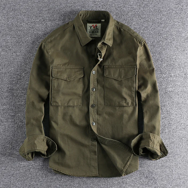

Retro Male Cargo Shirt Jacket Canvas Cotton Khaki Military Uniform Light Casual Work Safari Style Shirts Mens Top Clothing