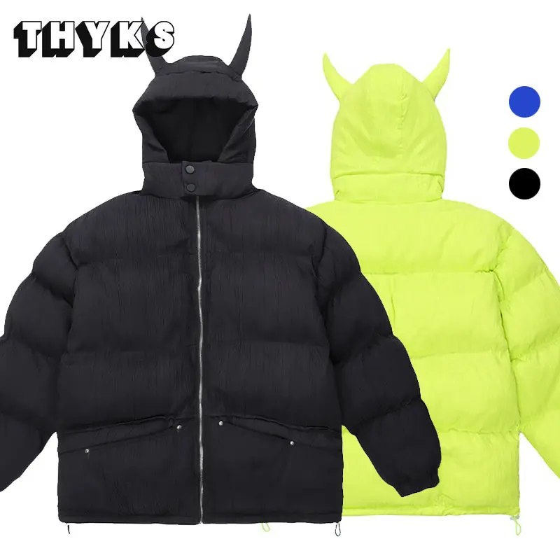 Winter Hooded Puffer Jacket Men Devil Horns Thicken Parkas Streetwear Solid Warm Bubble Padded Coats Harajuku Fashion Tops 2022