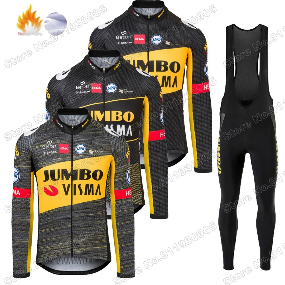 

Jumbo Visma Team 2021 Winter Cycling Jersey Set Fleece Mens Cycling Clothing Long Sleeve MTB Bike Road Pants Bib Maillot Culotte
