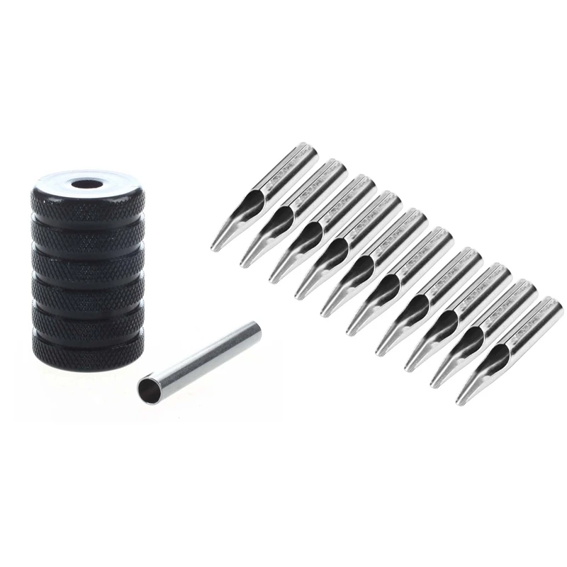 

10 Professional Stainless Steel Nozzle Tips For Tattoo Machine With Black 30Mm Aluminum Alloy Grip For Tattoo Machine Gun