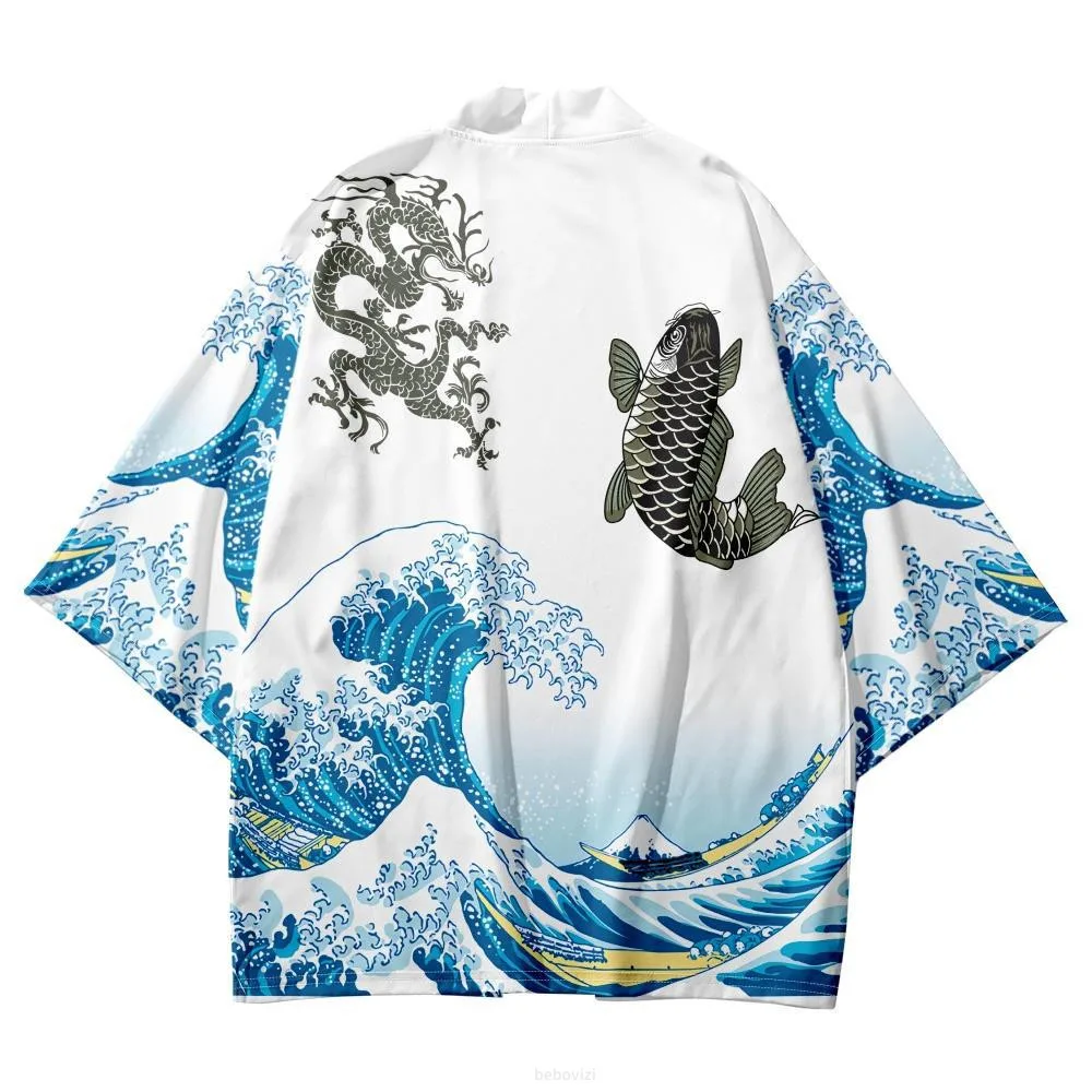 

Japanese Samurai Cardigan Kanagawa Wave Carp Print Oversized Haori Women Men Harajuku Kimono Cosplay Tops Blouse Yukata Clothing