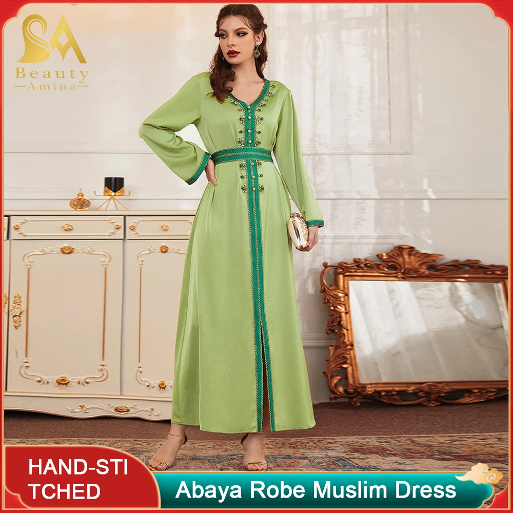 Muslim Long Dress New Grass Green Fashion V-neck Hand Sewn Drill Long Dress Travel Party Dress Arab Ethnic Festival Abaya Dress