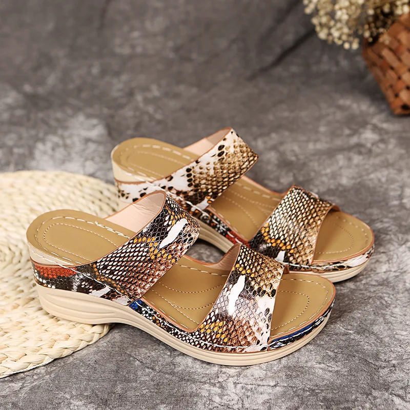 Retro Slippers for Women Summer Platform Sandals 2023 New Leopard Print Snake Pattern Women Shoes Comfy Wedges Beach Slippers