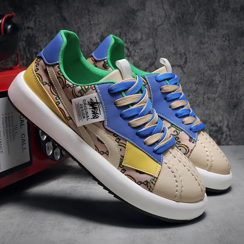 

New Men's Fashion Print Vulcanized Shoes Flat Casual Shoes Spring Autumn Canvas Shoes Students Lace Walking Shoes for Man Tenis