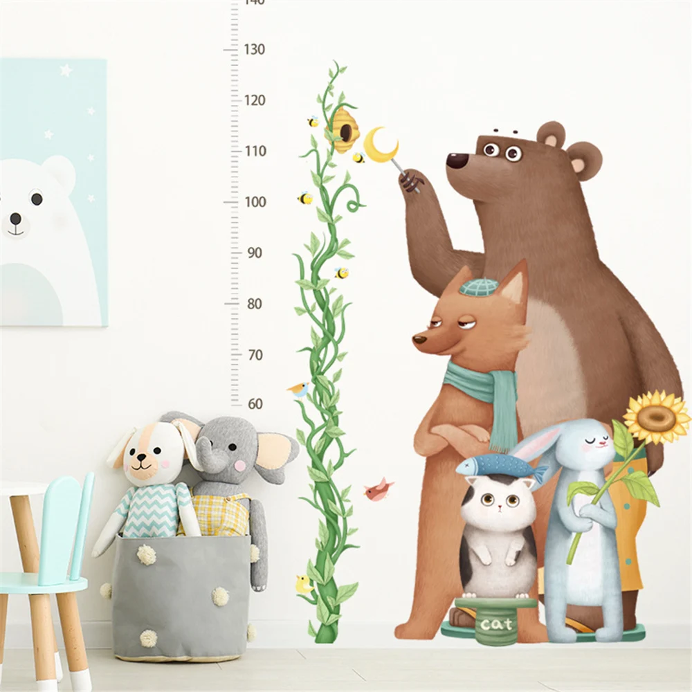 Cute Bear Bunny Height Wall Stickers Jungle Animals Baby Wall Decor Mural For Kid Room Growth Measure Ruler Stature Record Chart