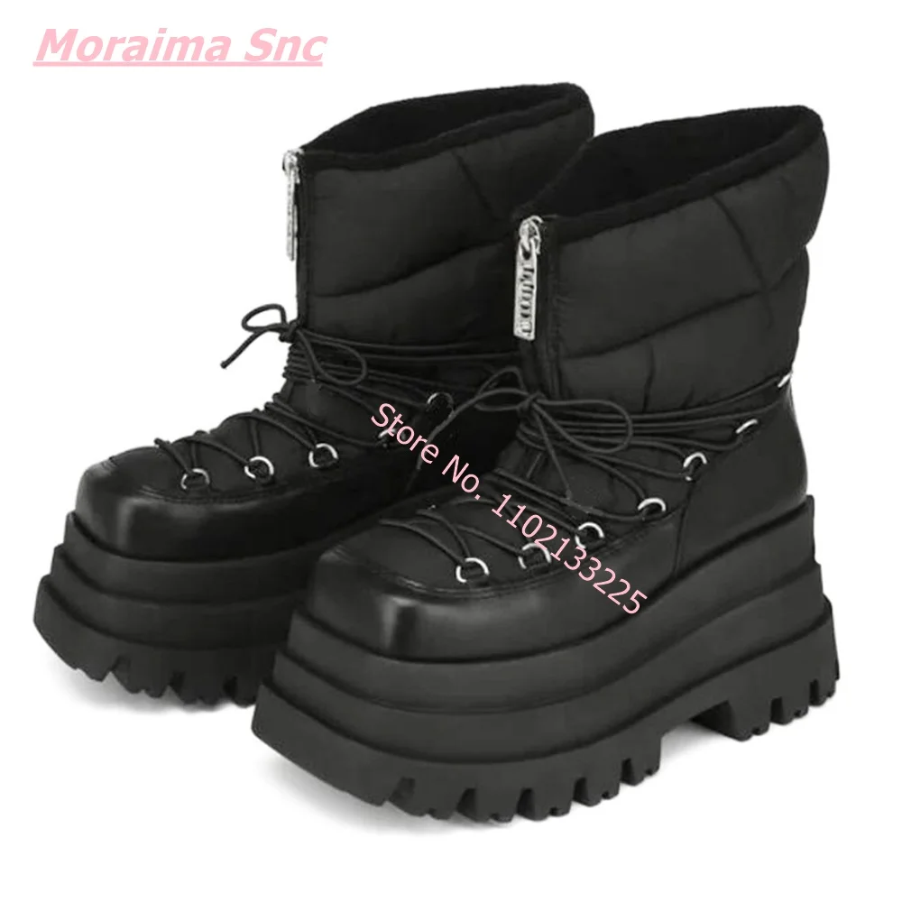 Winter New Women Snow Boots Leather Super High Heel Square Toe Platform PU Down Zipper Lace Up Warm Free Shipping Punk Shoes