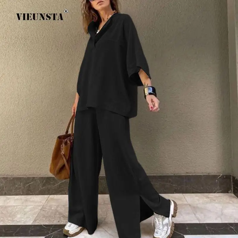 

Женский спортивный костюм из двух предметов, повседневный свободный костюм с топом с длинным рукавом и брюками с разрезом, лето 2023