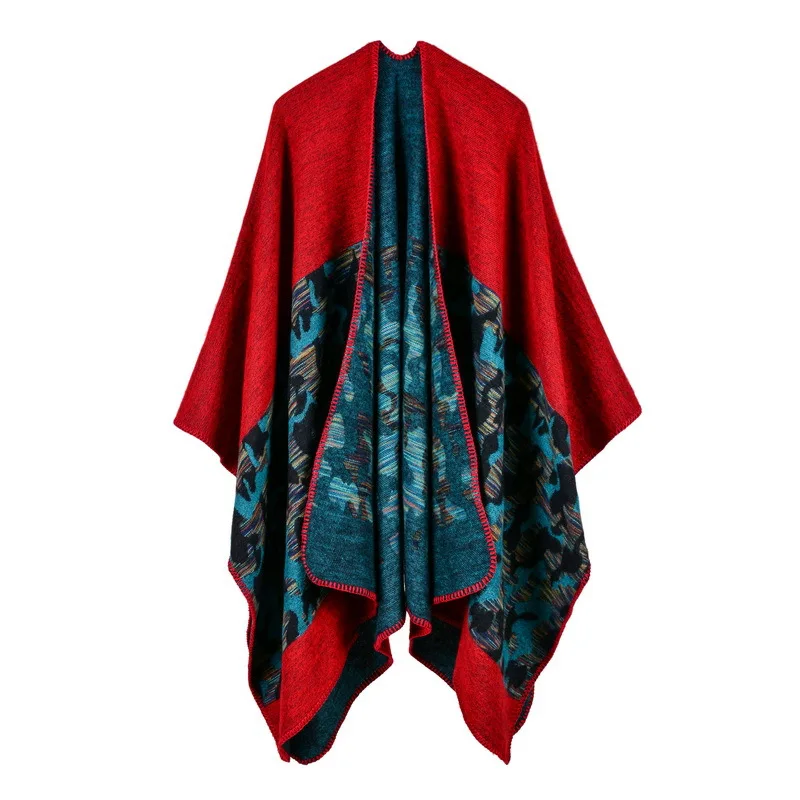 European  American Women's Fashion Camouflage Imitation Cashmere Split Fork Lengthened Thickened Cape Ponchos Lady Coat Red