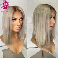Straight Human Hair Wig Short Bob Lace Frontal Wigs Gray Colored Ombre Women Hairs 13x4 Cheap Sale Bleached Knots Virgin Hair