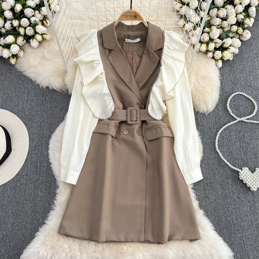 

Foamlina Elegant Patchwork Blazer Dress Women Fashion Notched Collar Long Sleeve Ruffles A-line Casual Female Dress with Belt