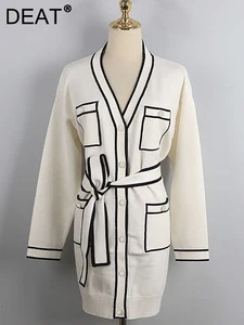 Однобортный Кардиган DEAT, Повседневный Кардиган контрастных цветов с V-образным вырезом, длинными рукавами, поясом и карманами, осень-весна 2022