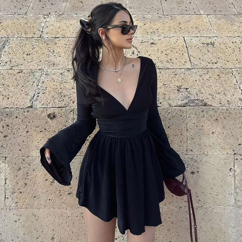 

Fashion Girls Deep V-neck Backless Long Sleeve Tunics Short Dress Y2K Streetwear Women's Elegant High Waist Black Party Dresses