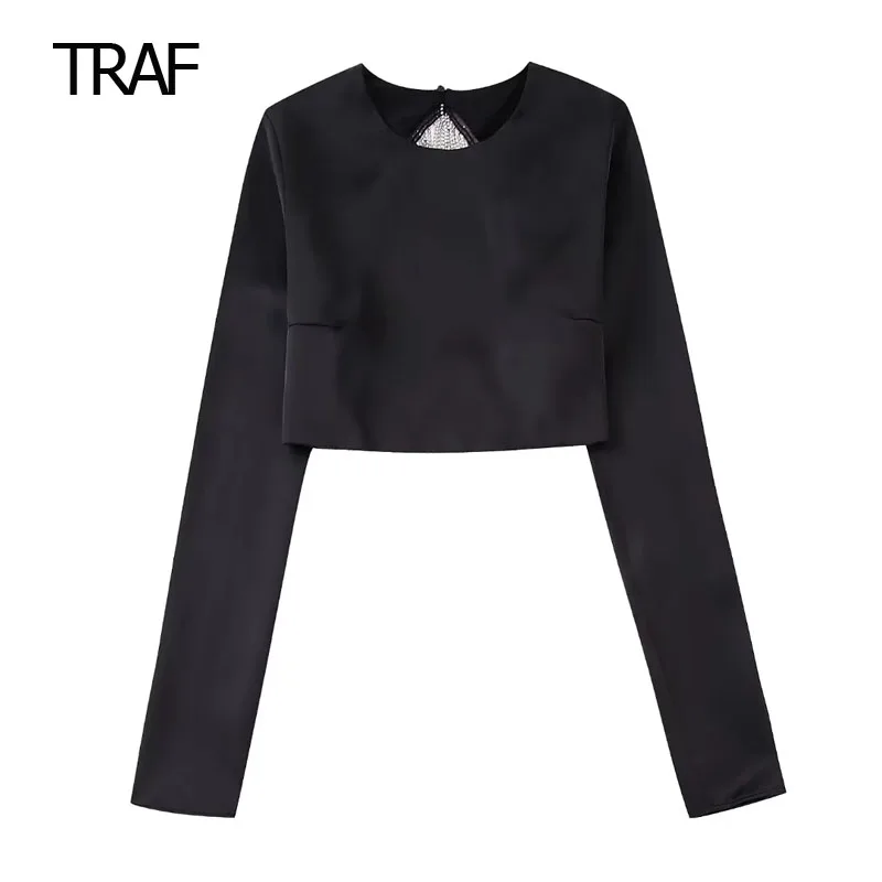 

Женский Атласный топ с длинным рукавом и круглым вырезом