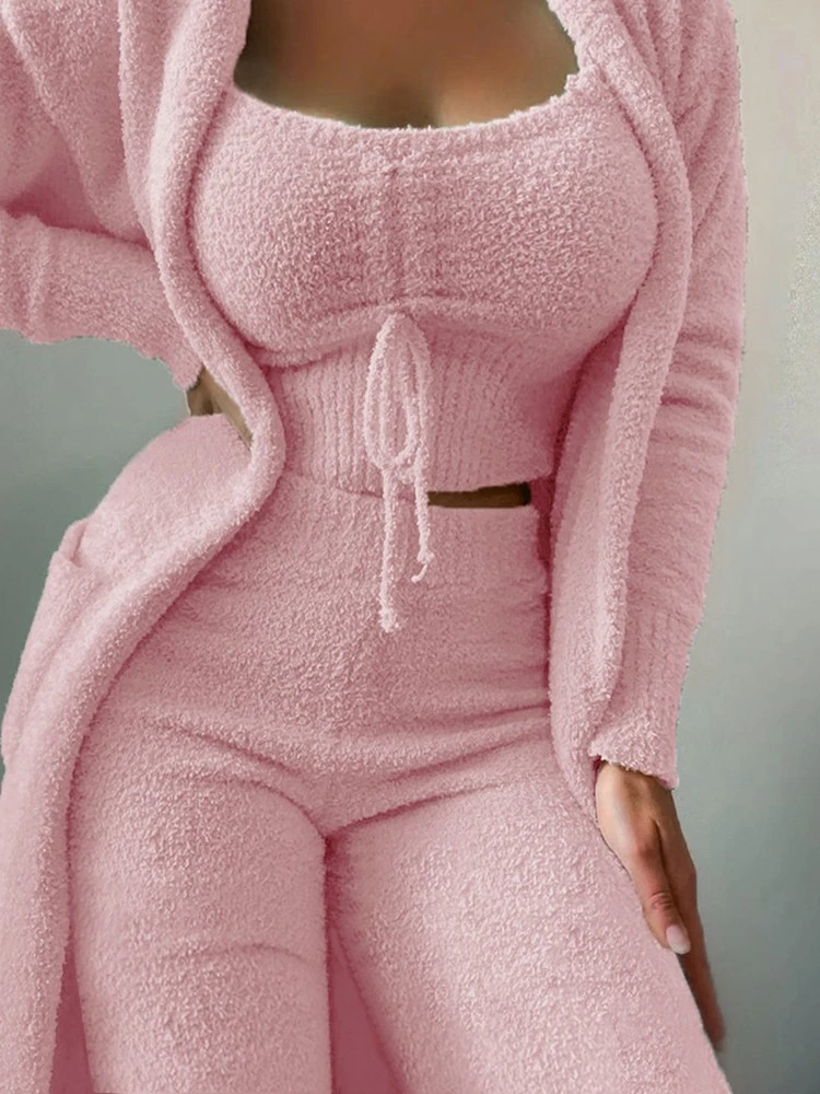 2022 New Autumn Winter Women's Velvet Pajamas Set Crop Top+Long Pants+Coat 3 Pieces Suit Warm Soft Fleece Homewear Pyjamas S-3XL