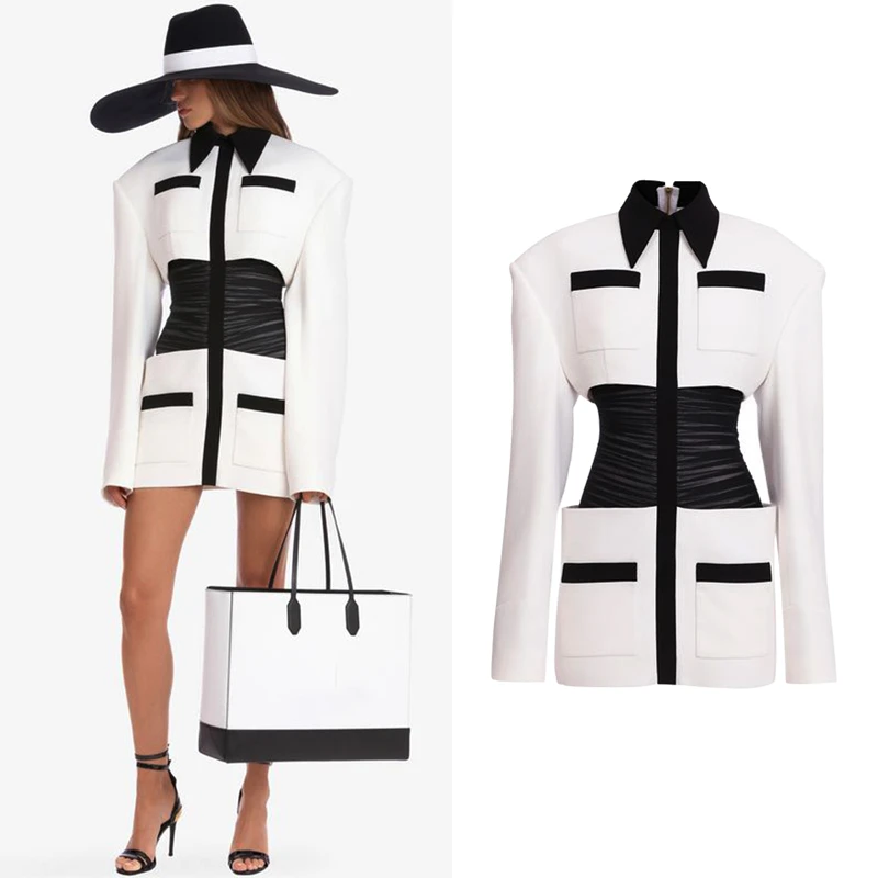 

2022 New Spring And Summer Fashion Personality Retro Black And White Contrast Color Stitching Pleats Waist Thin Long-sleeved Wom