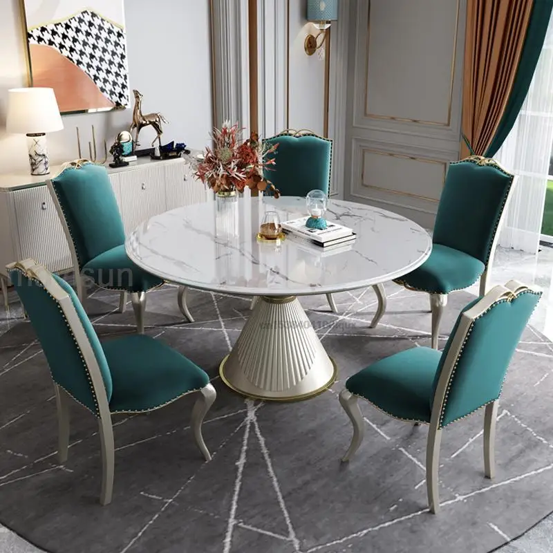 

Luxury Kitchen Table With 5 Chairs Funnel Shape Stainless Wood Base Home Furniture White Marble Tabletop Round Dining Table Set