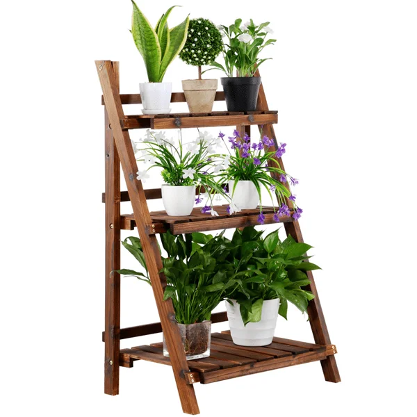 

41" x 25" 4" 3-Tier Brown Wood and Metal Striped Multiple Flower Pot Holder Shelf