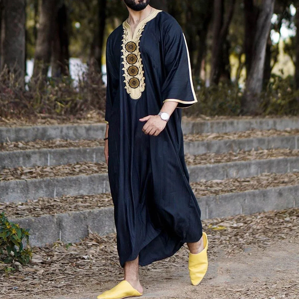 

2023 New Muslim Abaya Arab Ethnic Loose Casual V-neck Mid-sleeve Jumpsuit Muslim Men Clothing Arabic