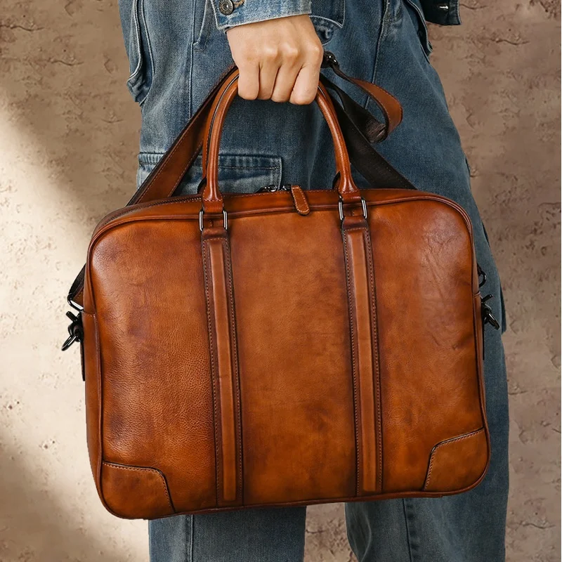 Vintage Horizontal Men's Briefcases Bag Genuine Leather 15-Inch Laptop Tote Bag Large Capacity Male Shoulder Messenger Bag