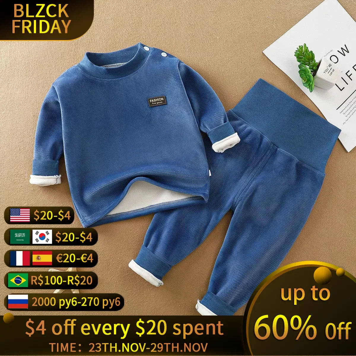 

Children's thermal underwear set autumn and winter baby plus velvet thick high waist warm baby long sleeve trousers baby suit