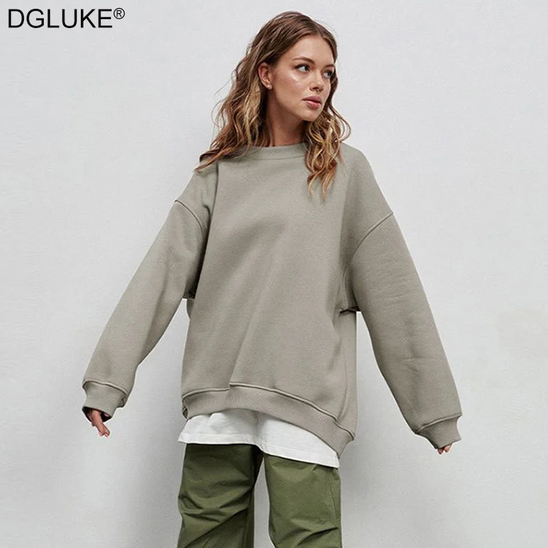 

Oversize Sweatshirt Women Autumn Winter Fleece Hoodies O-Neck Loose Pullover Coat Plain Hoodie Streetwear
