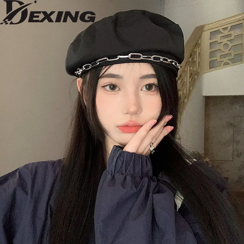 

Лето 2023, береты с металлической цепочкой, Женская японская Милая крутая шляпа с большой головой, восьмиугольная шляпа в стиле ретро для отды...