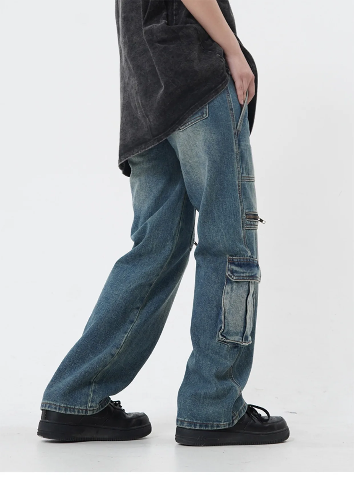 Mens Fashion Straight Denim Jean Pants Unisex Casual Side Big Pocket High Street Cargo Jean Trousers Streetwear Zipper Joggers