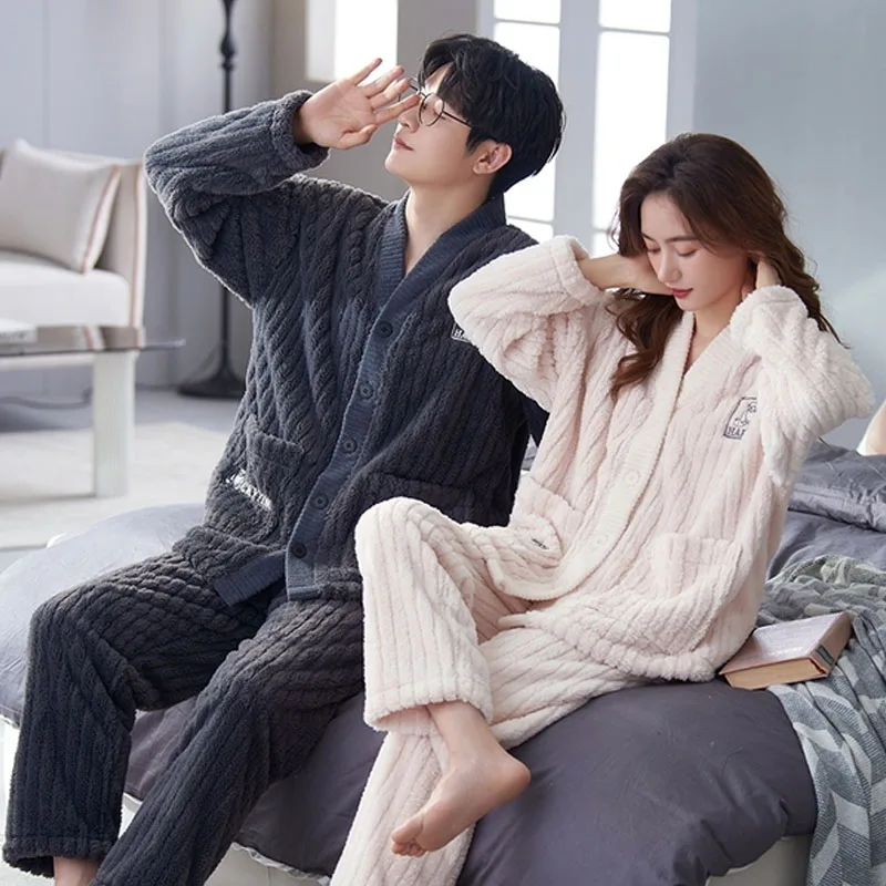 QUHENG 2022 Winter Long Sleeve Thick Warm Flannel Pajama Sets for Men Coral Velvet Sleepwear Suit Pyjamas Homewear Clothes
