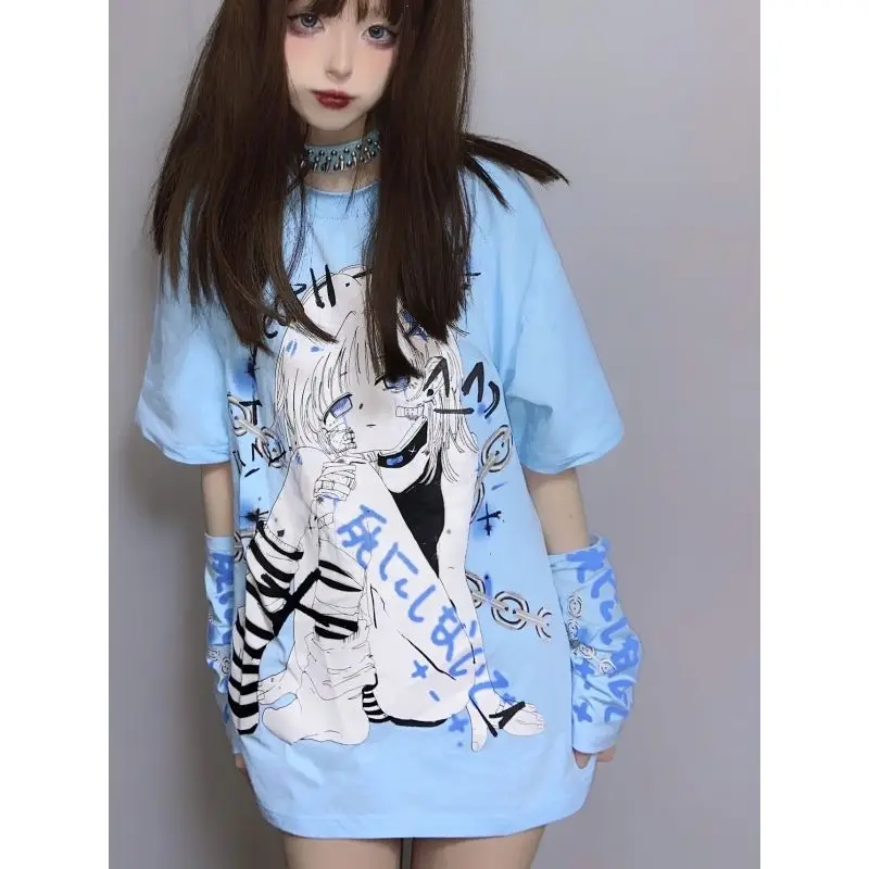 

Hikigawa Chic Fashion Women Harajuku Punk Style Chain Y2k Acgn Print Short Sleeve T-Shirts+Oversleeve Casual O Neck Tops Mujer