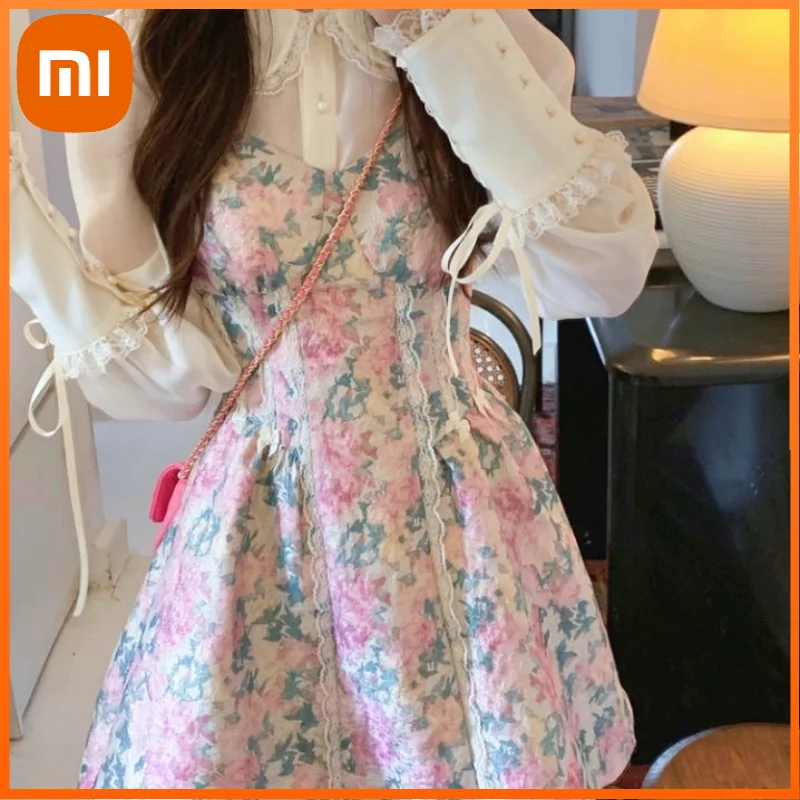 

Женский винтажный комплект Xiaomi из 2 предметов с цветочным принтом, повседневный дизайн, милое платье лолиты, женское мини-платье, корейские ...