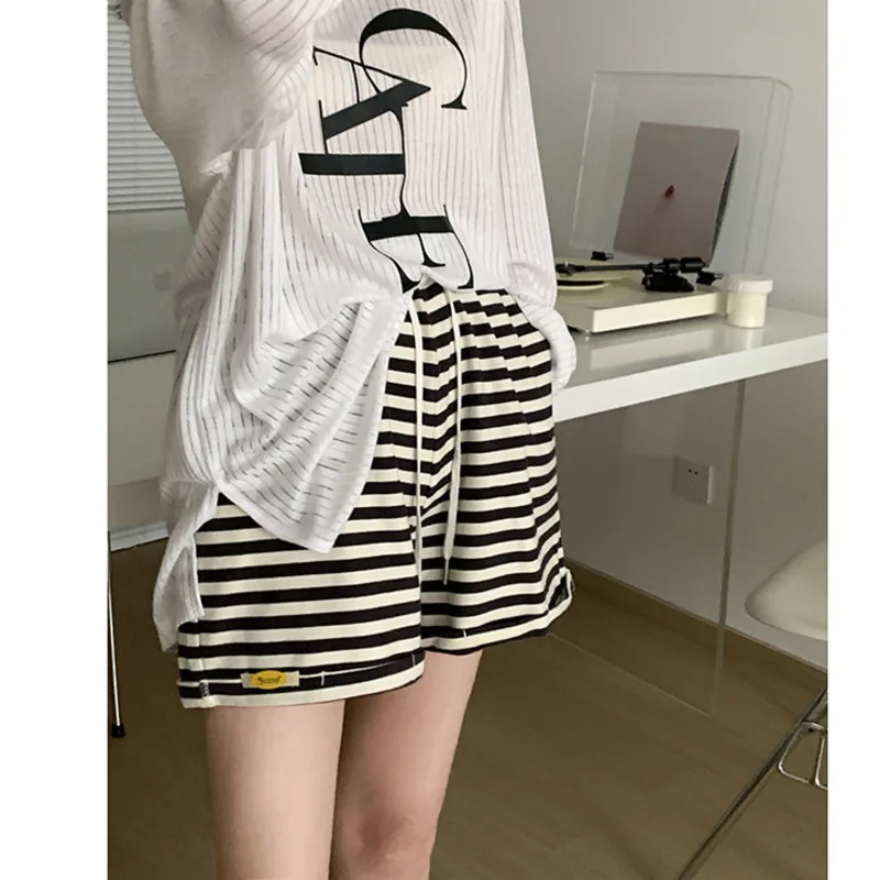 

Loose Striped Shorts Women's Summer High Waist Drawstring Loose Wide Leg Shorts Casual Sport Sweatpants Homewear Clothes 2022
