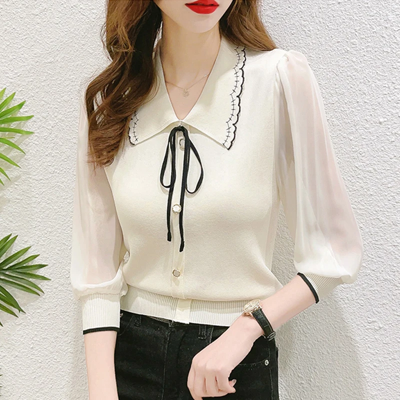 

Autumn Winter Women Top New Fashion 3/4 Sleeve Short Knitted Sweater Sweet Bowknot Pullovers Shirt