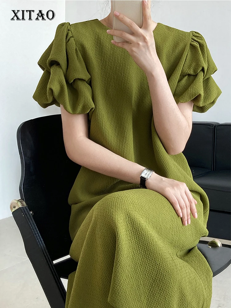 

XITAO Knitted Ruffle Dress Fashion Pullover Solid Color Short Sleeve Goddess Fan Casual Style 2022 Elegant Loose Dress WMD6947