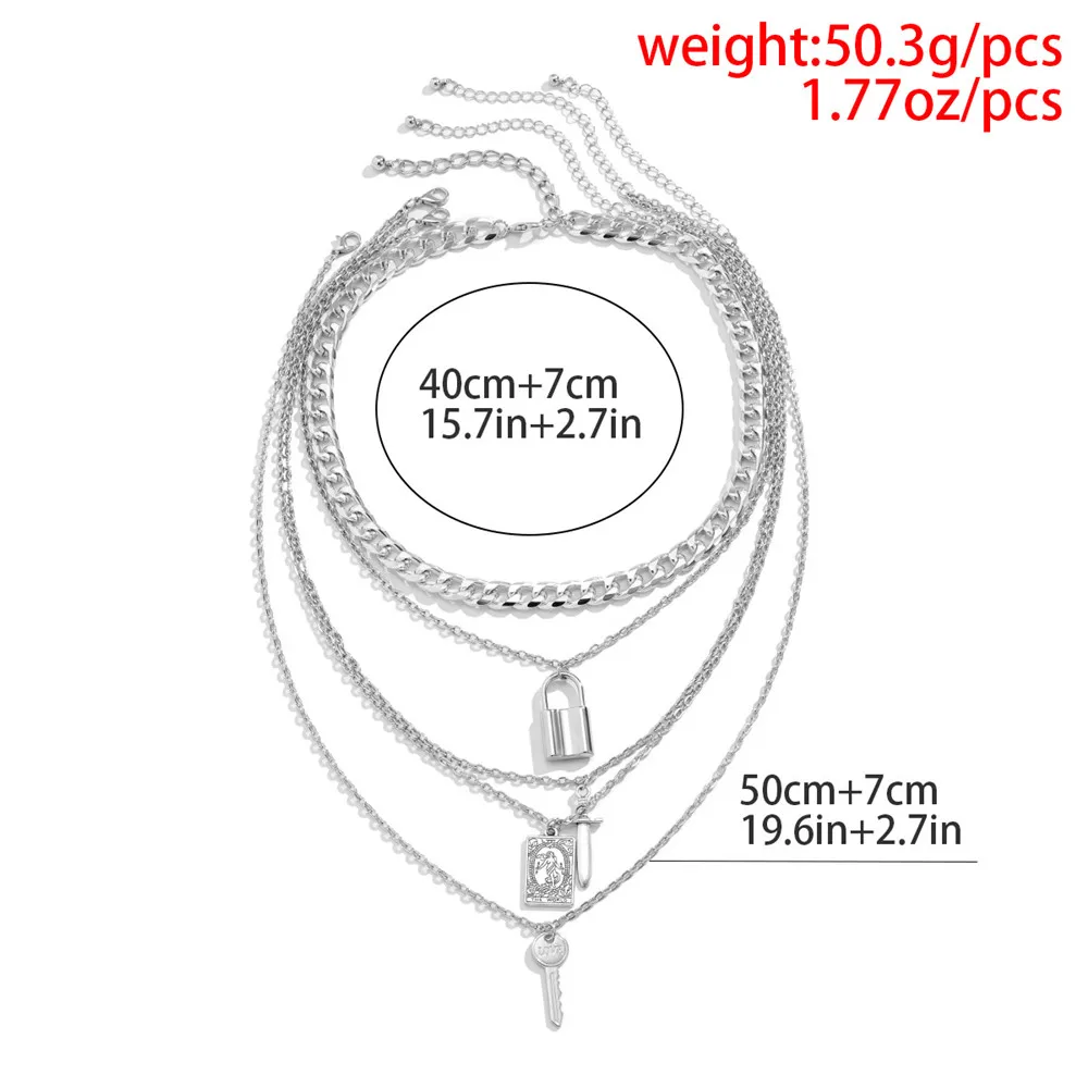 5Pcs/set PadLock Key Dagger Pendant Necklace for Men Hip hop Multilayer Long Chain Necklaces Set Grunge Emo Y2K Jewelry 2022 images - 6