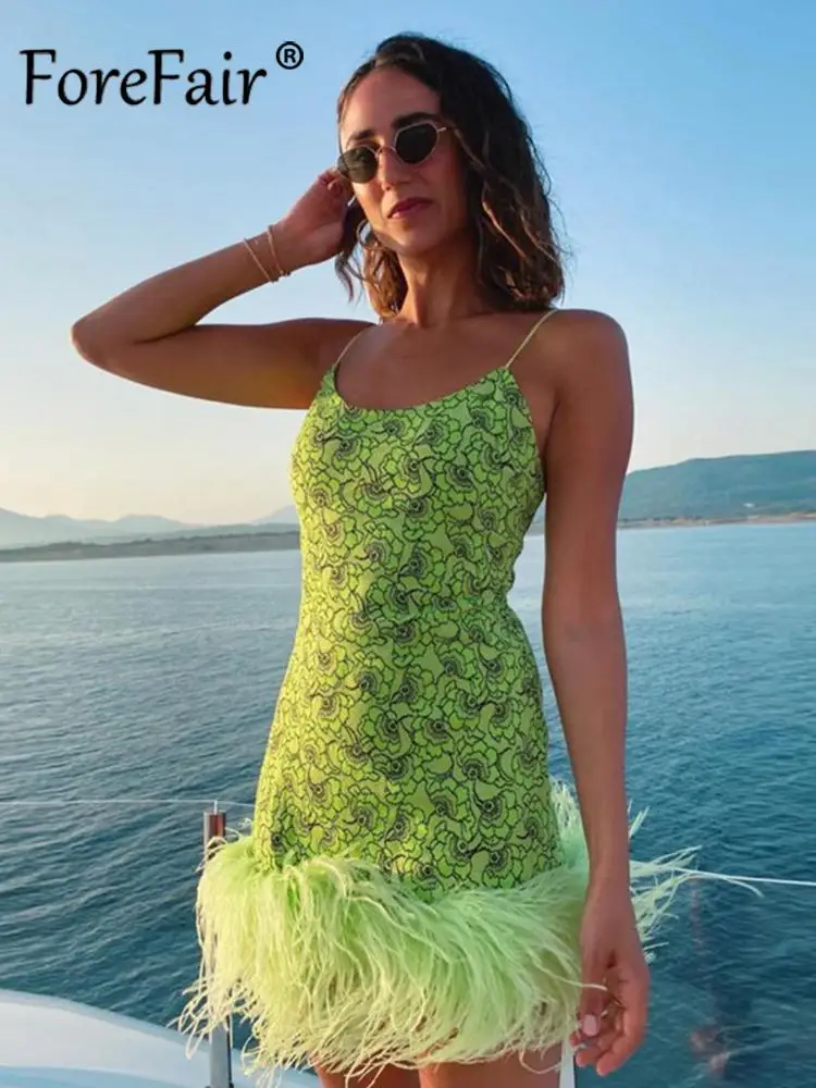 Forefair Floral Print Patchwork Dress Feather Sexy Spaghetti Strap Mini Dress Femme Chic Casual Summer 2022 Vacation Mujer Robe