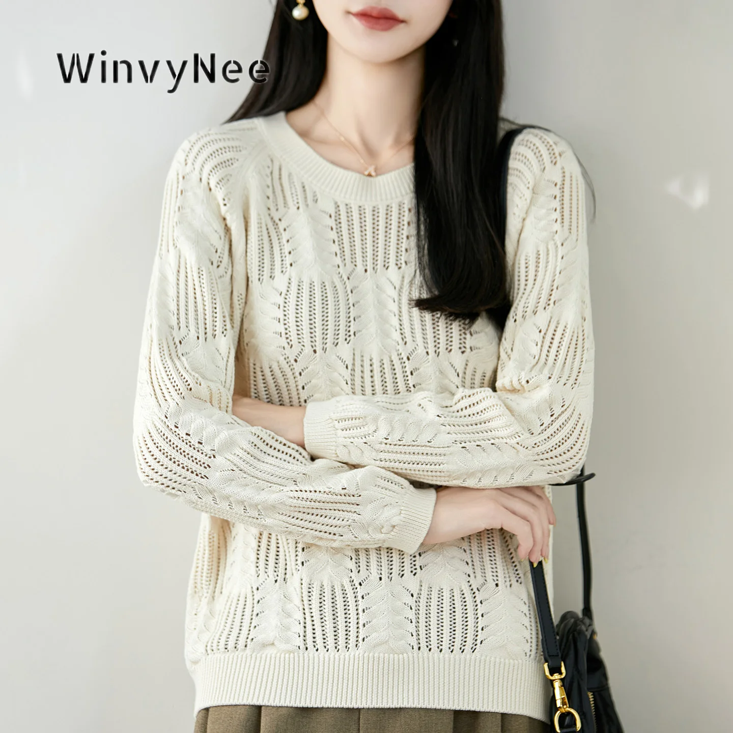 Фото Женский джемпер WinvyNee, 100% хлопок, круглый вырез, ажурная вязка, свободный крой, универсальный, мягкий, дышащий, стильный повседневный предмет одежды ZA1092032 №2