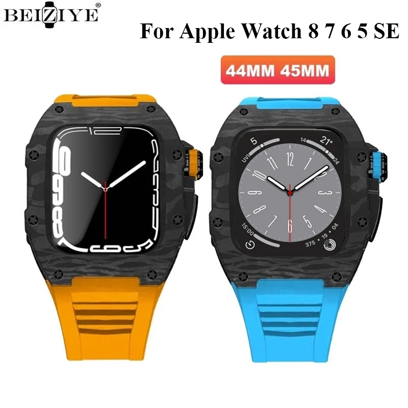 

Richard Modification Kit Luxury Carbon Fiber Case+Strap For Apple Watch 45mm 44mm Rubber Strap For iWatch Band Series 8 7 6 5 SE