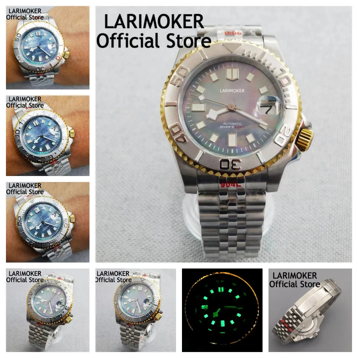 

LARIMOKER200M водонепроницаемые часы M-gold, зеркальный Циферблат, светящиеся мужские часы 24 Драгоценности NH35A для дайвинга, зеркальный браслет с матовой вставкой