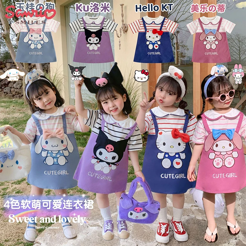 

Новинка, коллекция Sanrios, детское платье, мультяшное платье Hello Kitty Cinnamoroll Kuromi, летнее хлопковое милое платье с бантом, праздничный подарок