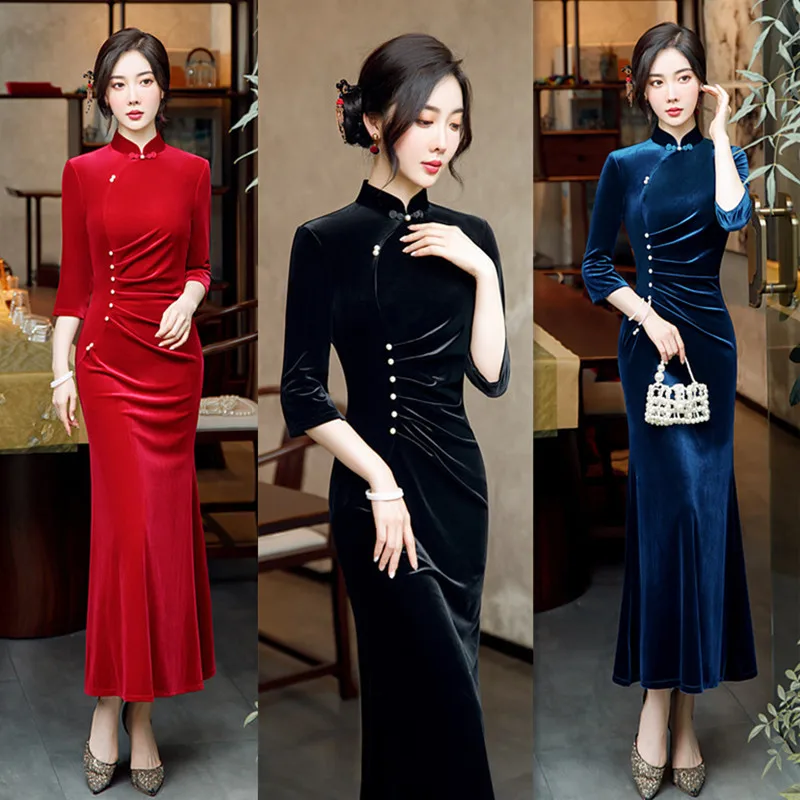 

Improved Fashion Velvet Long Fishtail Cheongsam Skirt 2022 Evening Dresses Qipao Chinese Traditional Dress Hanfu Tang Suit