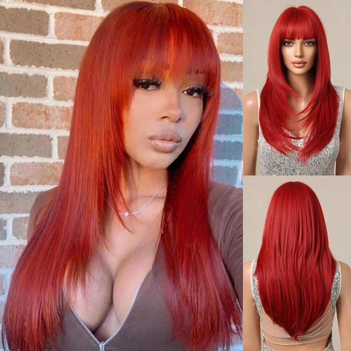 Красный Синтетический Парик Для Женщин Длинный Прямой Многослойный С Челкой