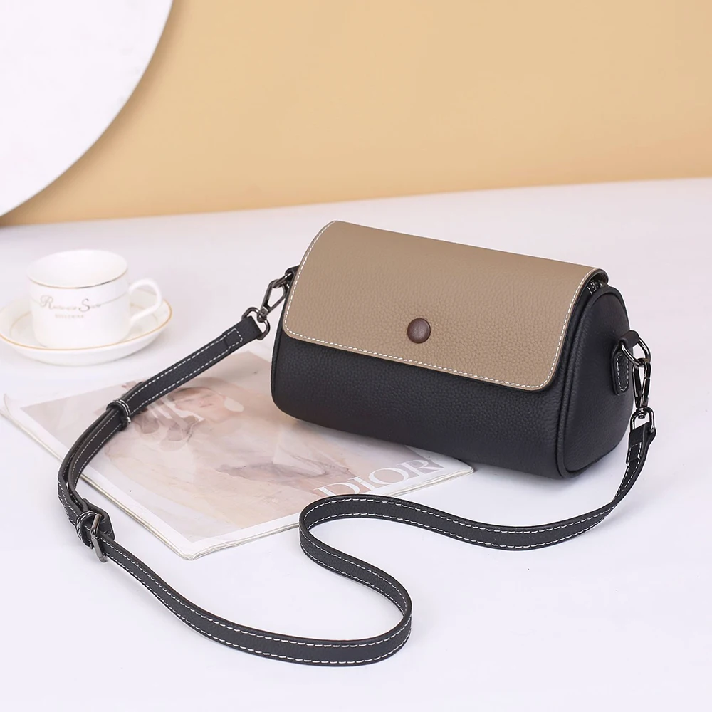 

New Two-tone Cow Leather Shoulder Bag Small Genuine Leather Women Crossbody Bags Fashion Barrel-shaped Female Handbags Purses