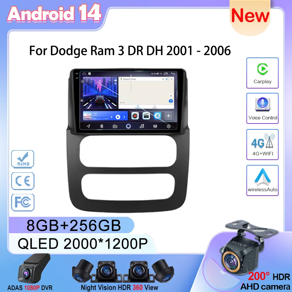 Автомагнитола Carplay для Dodge Ram 3 DR DH 2001-2006 мультимедийный проигрыватель 2 din на Android 14