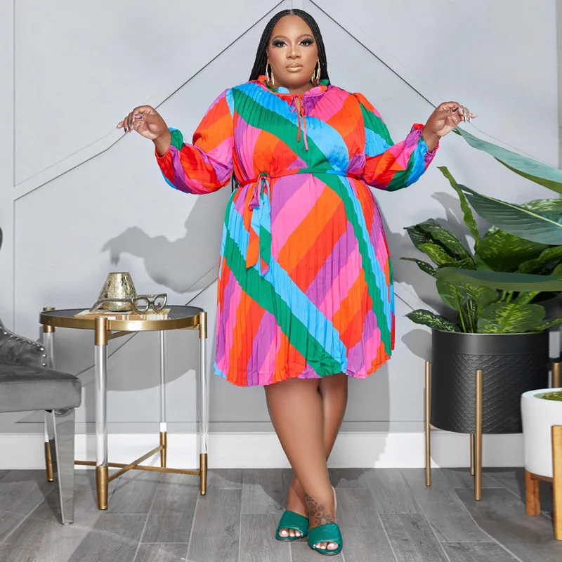 Plus Size Women's Dress Autumn and Winter New Stripes with Belt Fashion Loose Temperament Commuting Chic and Elegant Woman Dress