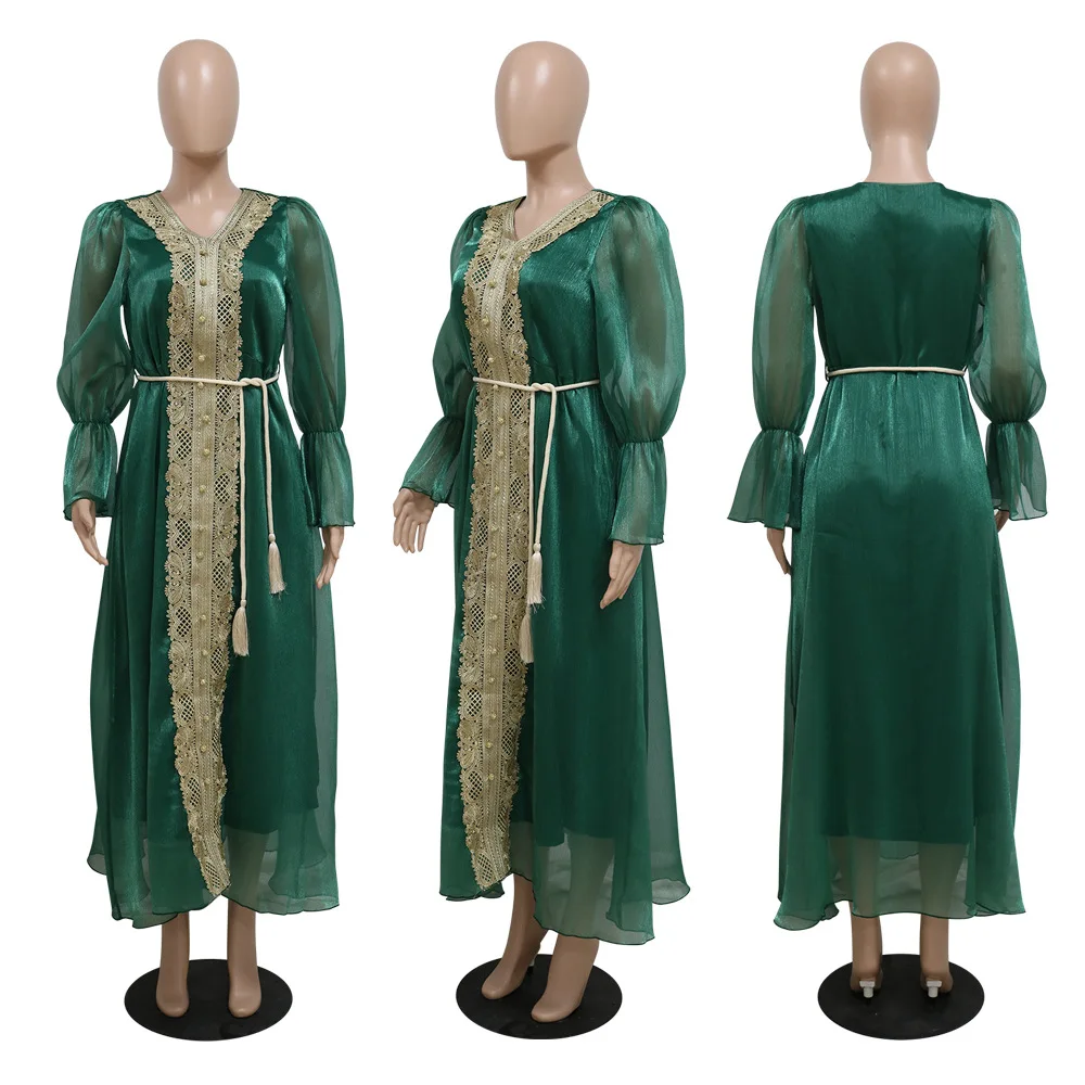 Women Spring Summer Muslim Fashion Middle Eastern Turkey Seasonal Tempest Evening Dress Lantern Sleeve Belted Gown Ramadan