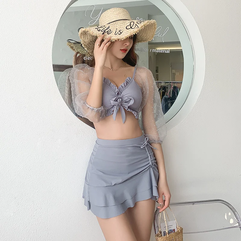 

Korean Style Bikini Set Mesh Short Sleeve Swimsuit High Waist Swimwear Solid Beach Wear Ruffle Biquinis Bandage Bathsuit Pad