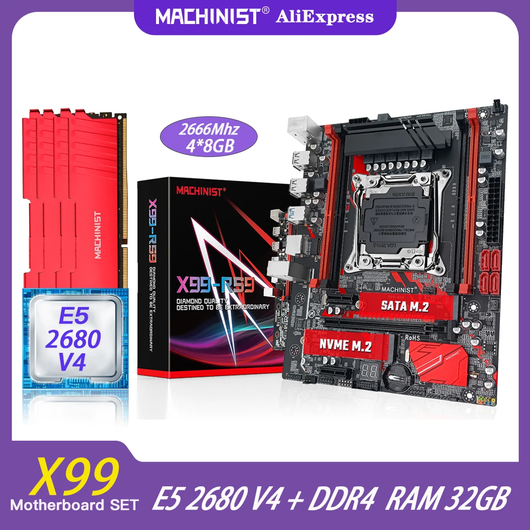 

MACHINIST X99 комплект материнской платы с Xeon E5 2680 V4 ЦП 32 Гб (4*8 ГБ) DDR4 ОЗУ память для настольного компьютера LGA 2011-3 комплект NVME M.2 M-ATX RS9