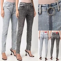 2022 new cotton high waist crystal decorated retro washed denim trousers womens zipper tight stretch feet jeans pencil pants xl