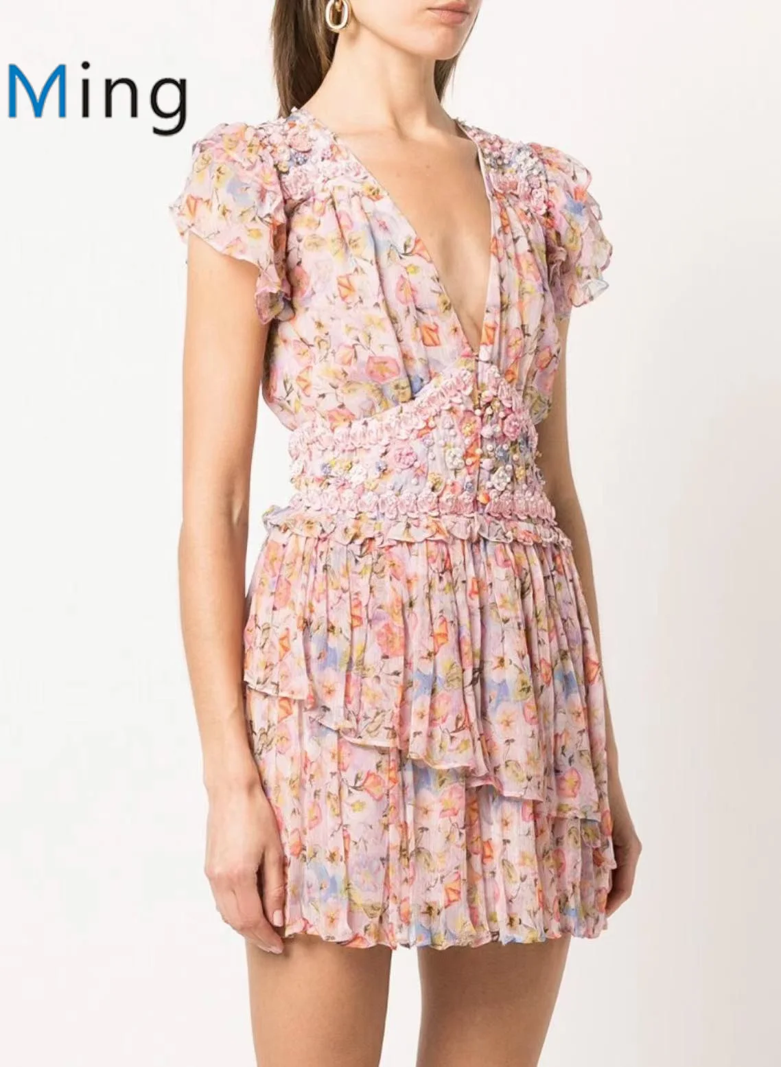 Women V Neck 100% Silk Flower Print Short Sleeve Multi-layer Ruffles Mini Dress
